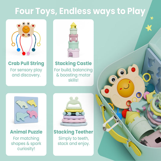 Buddy and Belle ring stacker teether for color recognition and grip development