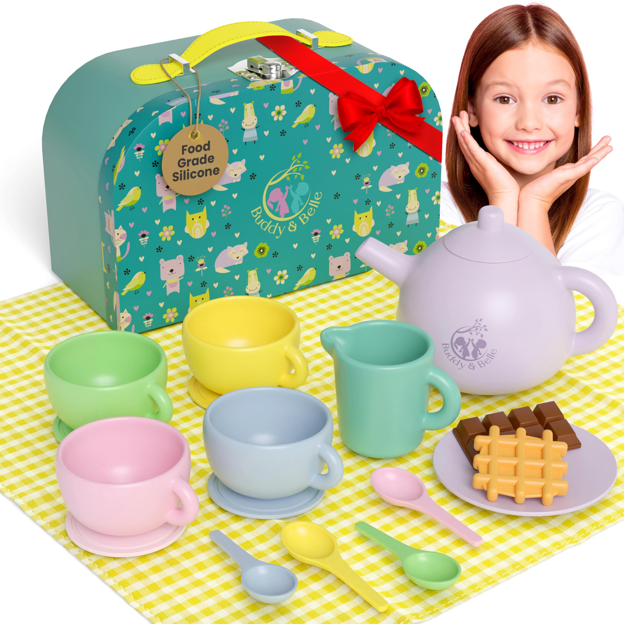 Buddy and Belle teapot lid in silicone set for real-liquid pretend play
