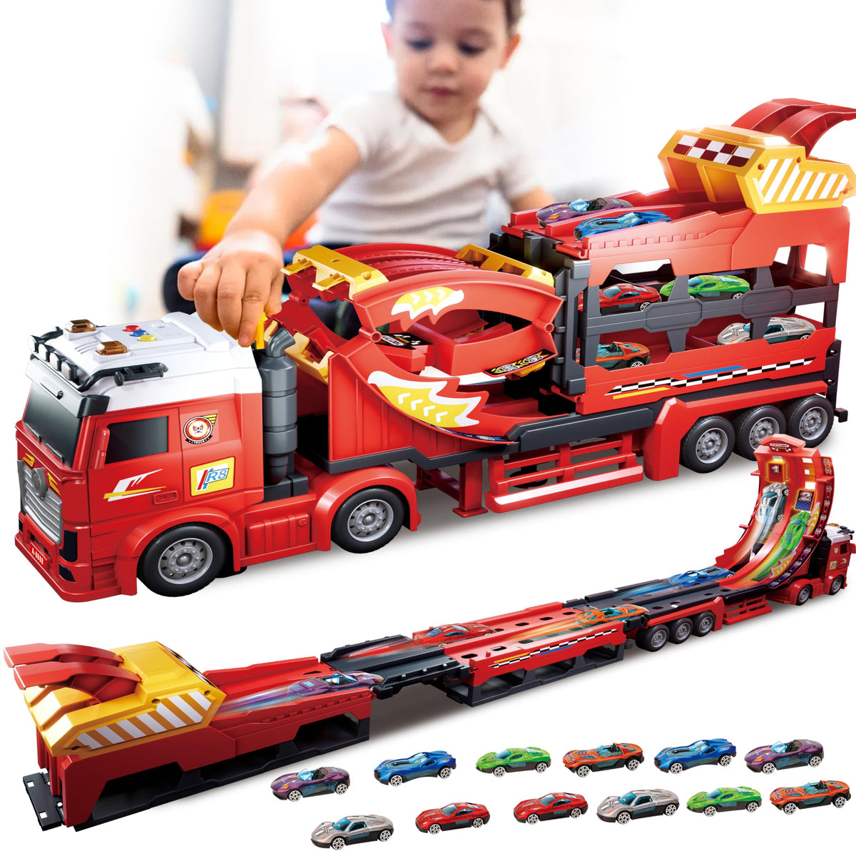 BuddyBight 3in1 carrier truck track with dual lanes for competitive play.