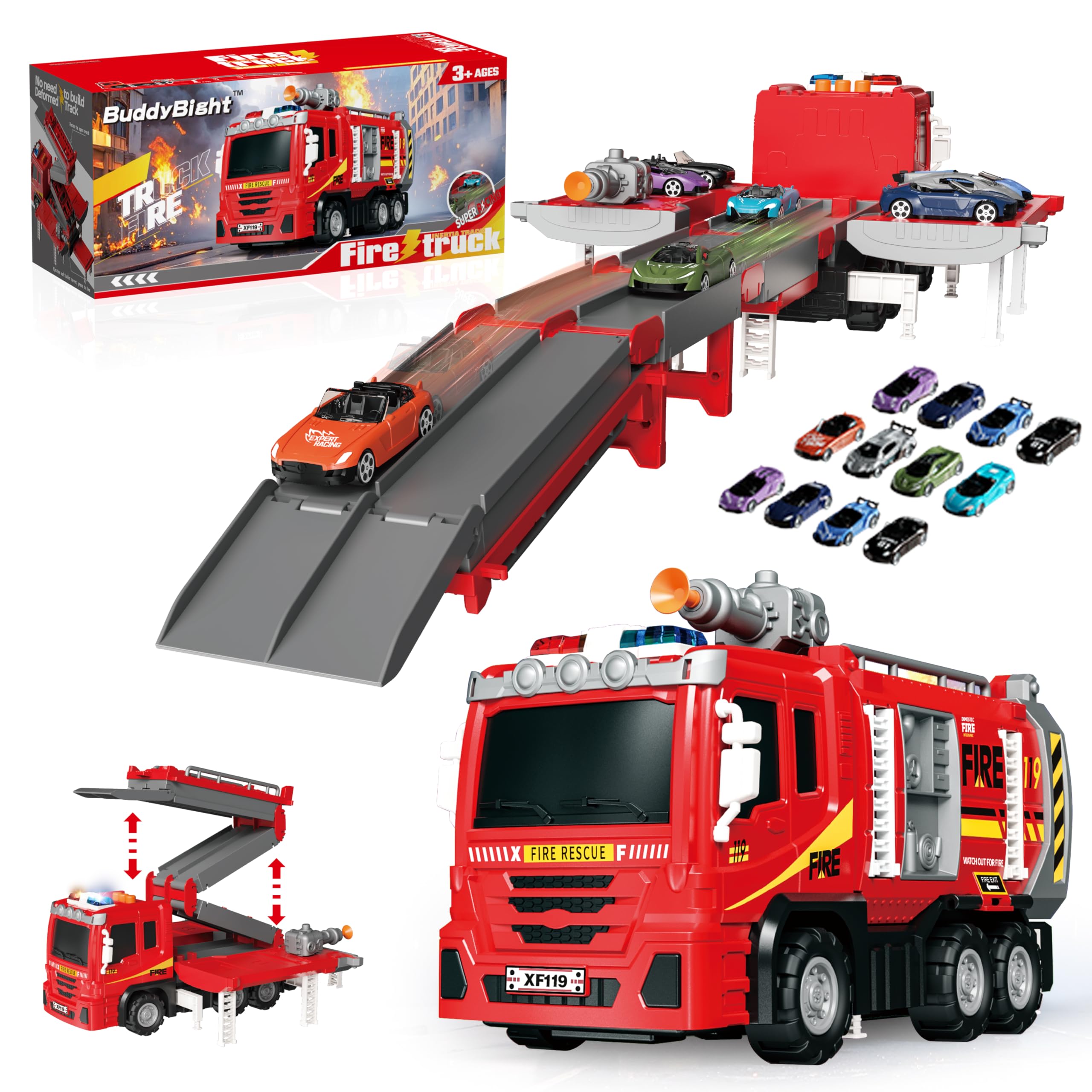BuddyBight 3in1 fire trucks toy set image: bold fire trucks ready for rescue play.