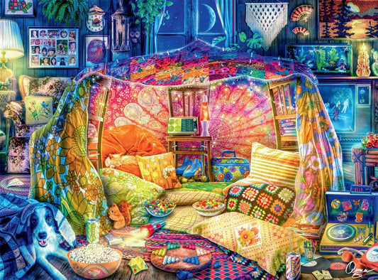 Buffalo Games Aimee Stewart Blanket Fort puzzle with bedroom scene and poster reference to help assembly.
