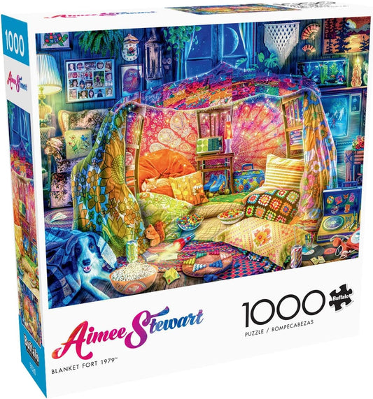 Buffalo Games Aimee Stewart Blanket Fort 1000-piece puzzle showcasing a cozy, colorful scene for immersive puzzling.