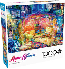 Buffalo Games Aimee Stewart Blanket Fort 1000-piece puzzle showcasing a cozy, colorful scene for immersive puzzling.