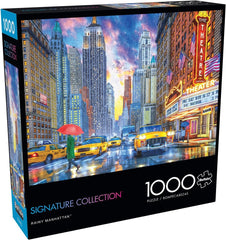 Buffalo Games Rainy Manhattan puzzle setup by Dominic Davison, interlocking pieces for a satisfying fit.