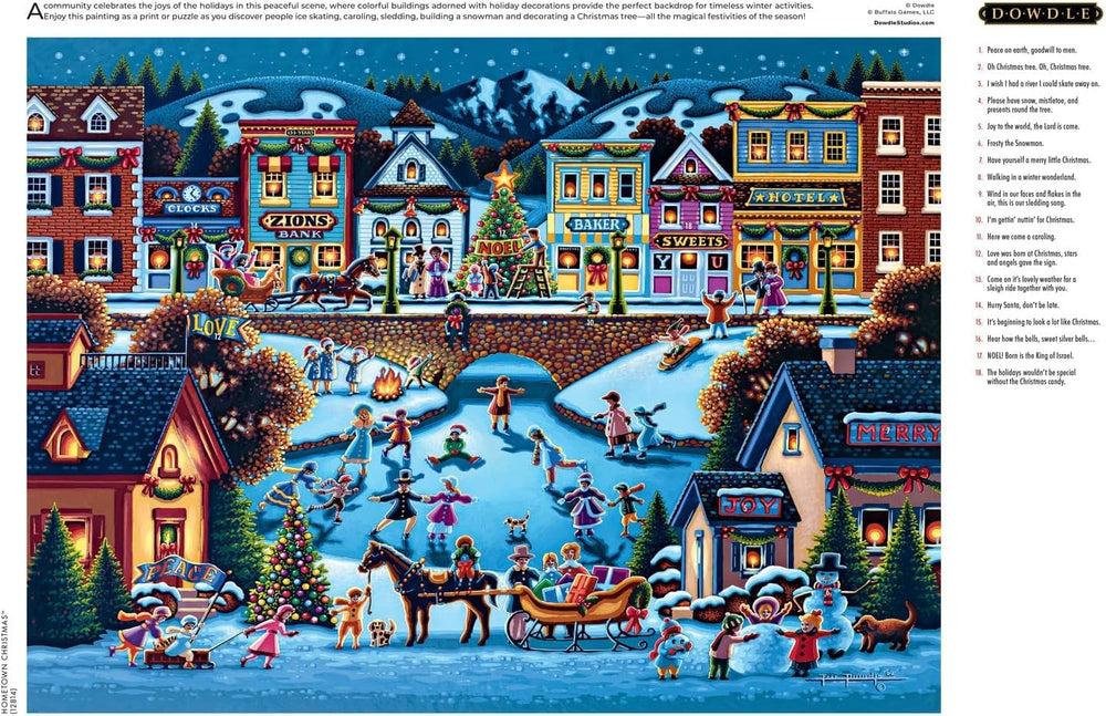 Buffalo Games Dowdle Hometown Christmas puzzle pieces closeup, showcases precision-cut construction.