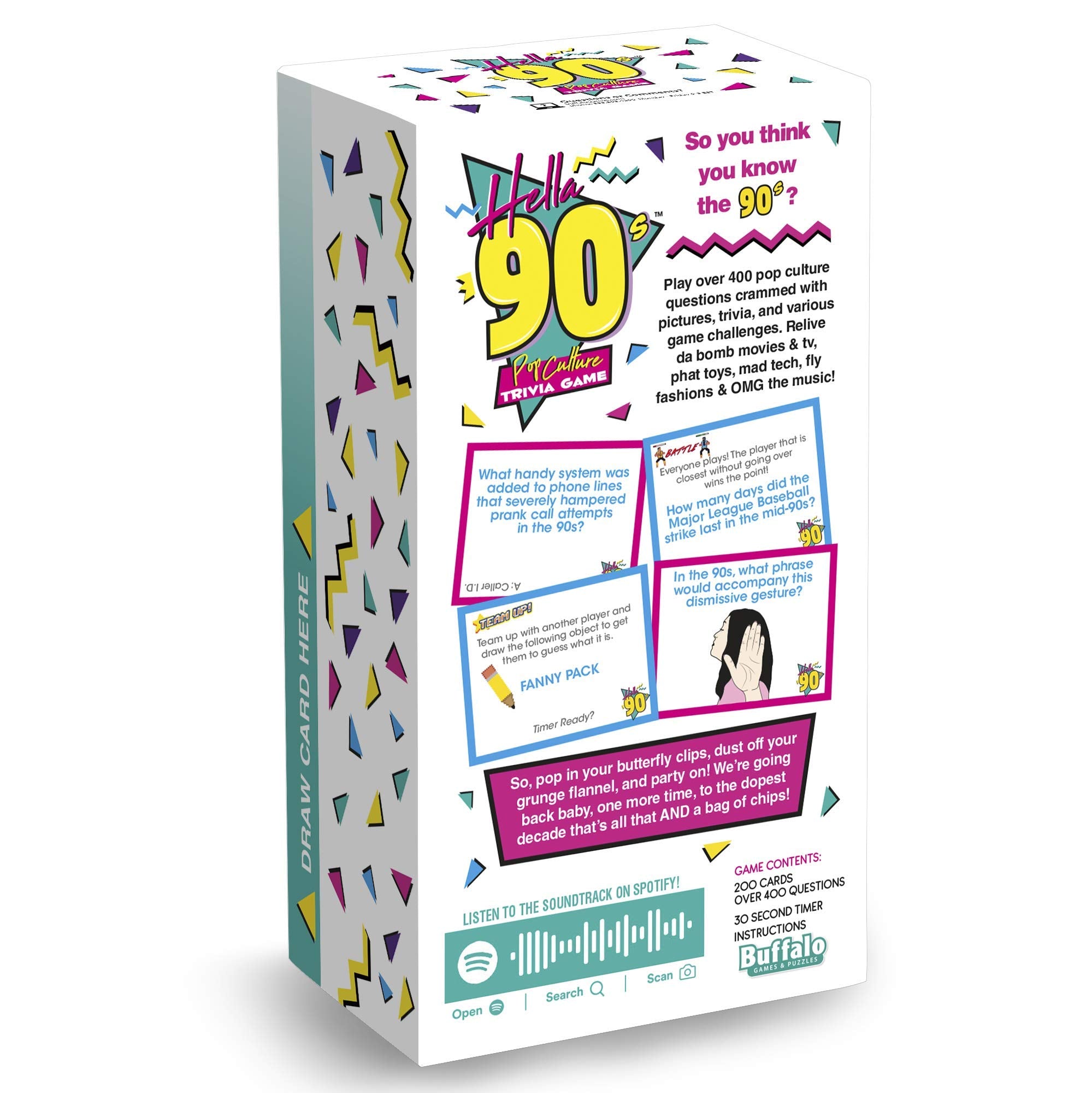 Buffalo Games Hella 90's card deck spread with over 400 questions for trivia fun.