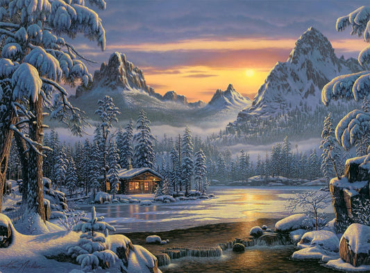 Buffalo Games Kim Norlien cabin scene puzzle—cozy winter mood supports peaceful family time.