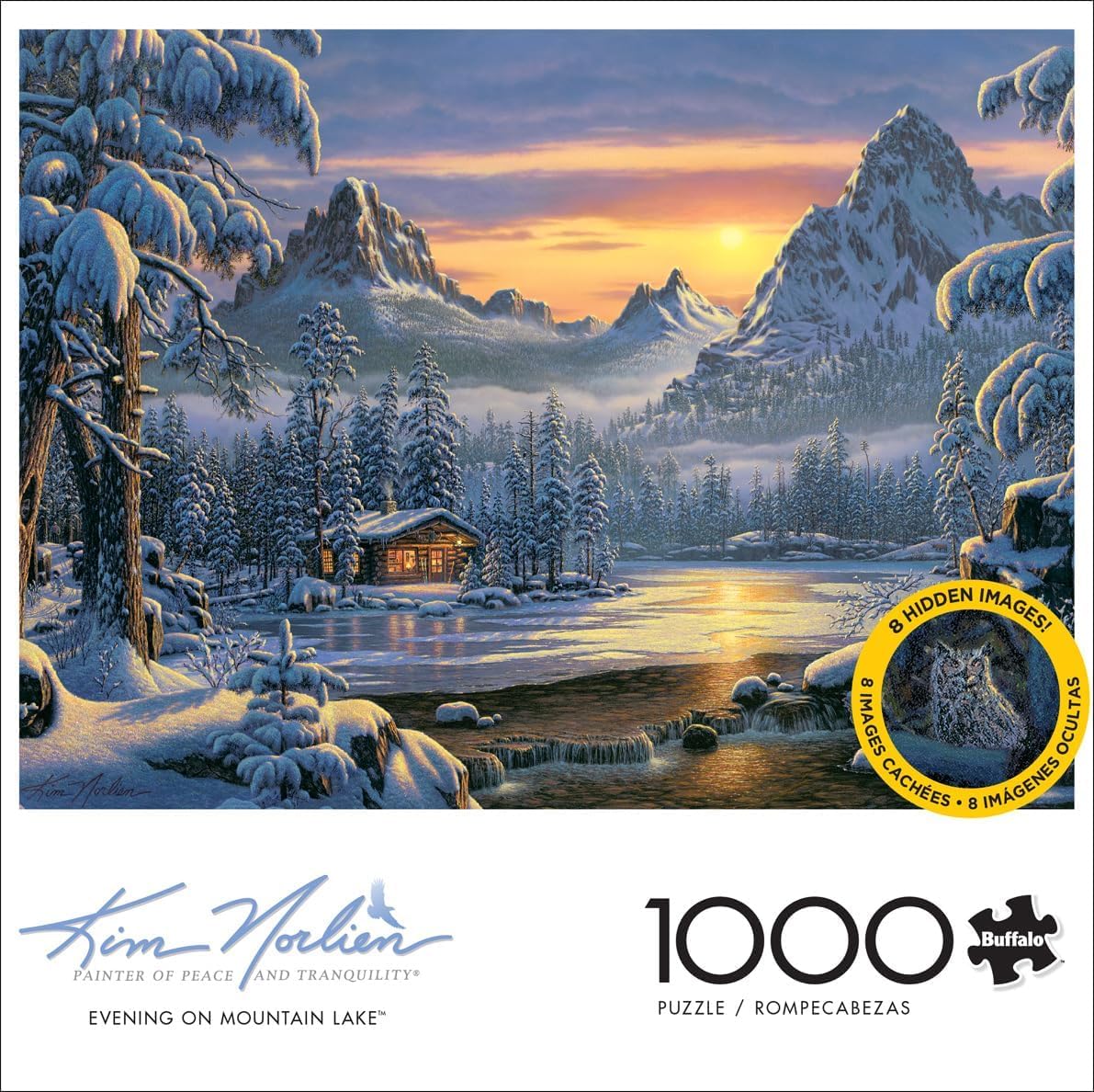 Buffalo Games Kim Norlien Evening on Mountain Lake—snowy mountains backdrop encourages focused puzzling.