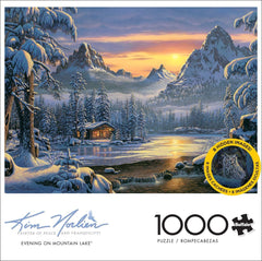 Buffalo Games Kim Norlien Evening on Mountain Lake—snowy mountains backdrop encourages focused puzzling.