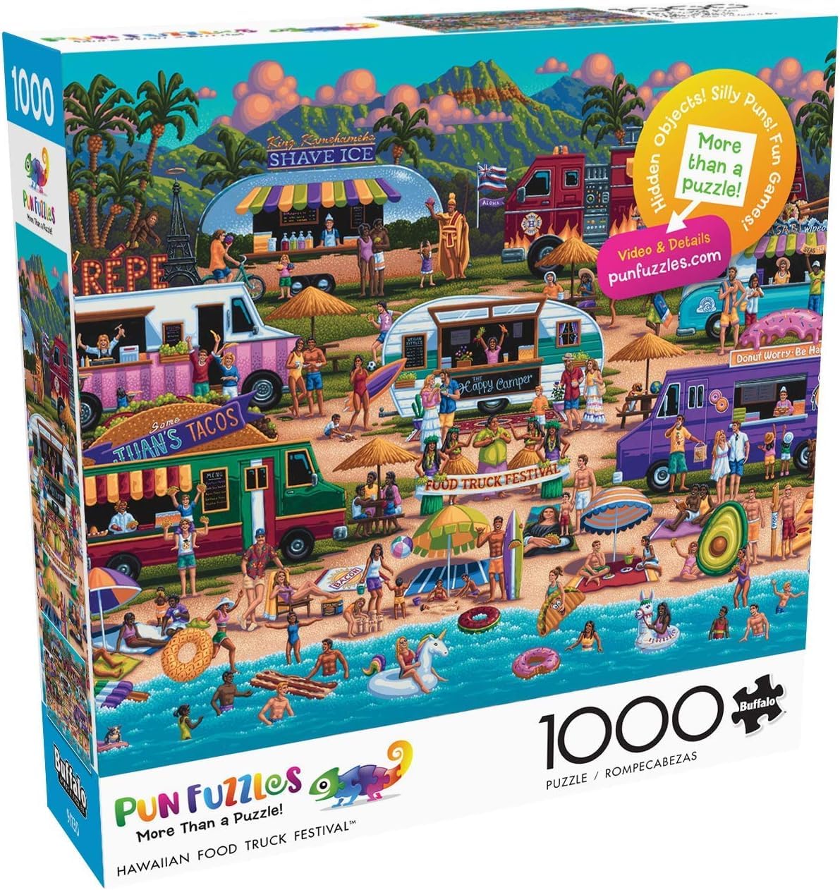 Buffalo Games Pun Fuzzles Hawaiian Food Truck Festival puzzle cover art for relaxed, focused puzzling