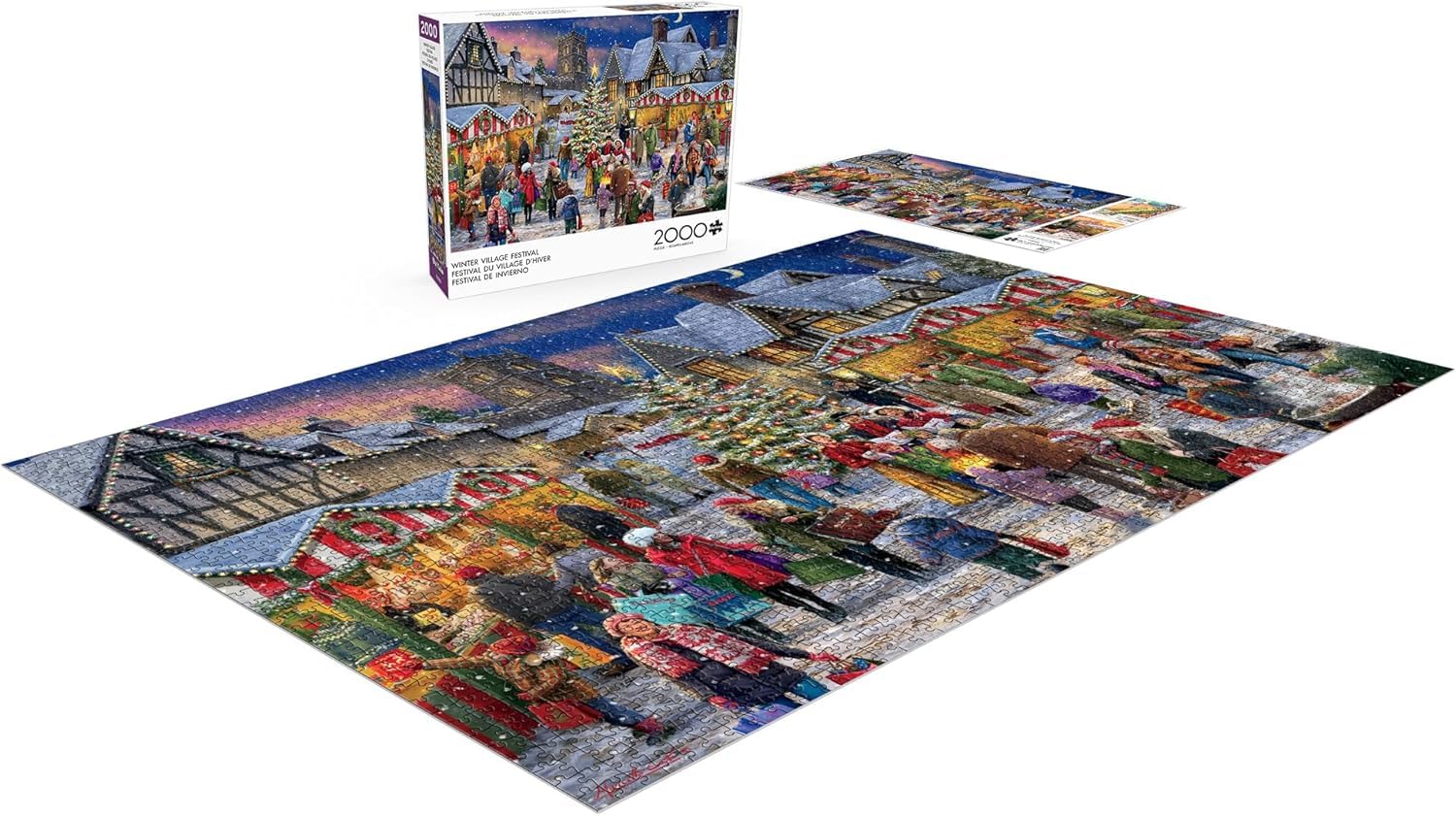 Buffalo Games Winter Village Festival puzzle shoppers scene invites cozy family puzzle night.