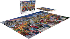 Buffalo Games Winter Village Festival puzzle shoppers scene invites cozy family puzzle night.