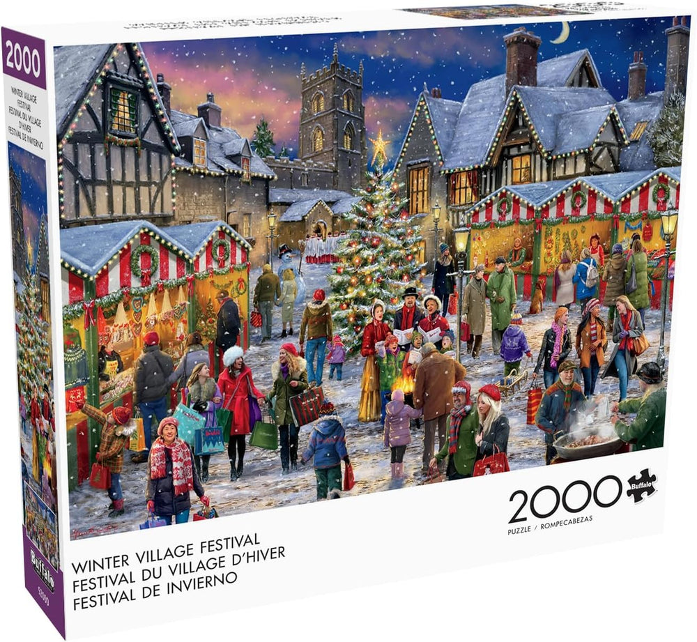 Buffalo Games Winter Village Festival puzzle street scene with shoppers and vendor booths.