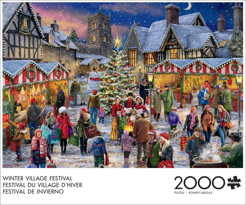 Buffalo Games Winter Village Festival puzzle vendor booths showcase festive gift ideas.