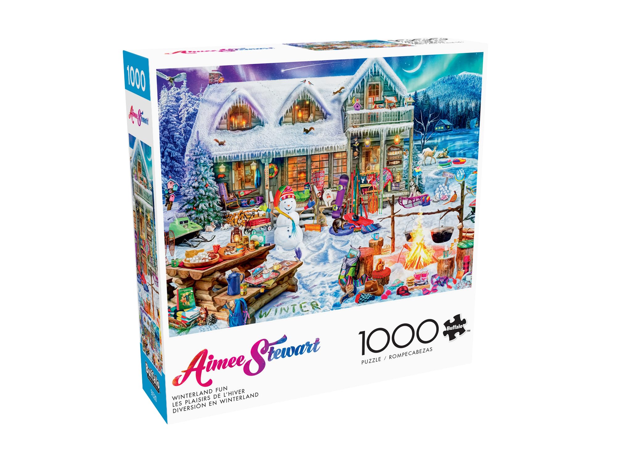 Buffalo Games Winterland Fun northern lights backdrop enhances mood and visual interest.