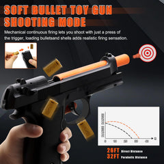 Bugrtey mechanism close-up shows realistic ejection and continuous firing action.