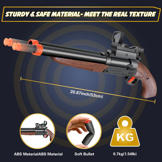 Bugrtey double-barreled toy gun side portrait, sturdy ABS construction.