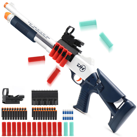 Bugrtey shell ejecting toy shotgun shown with scope for realistic backyard practice