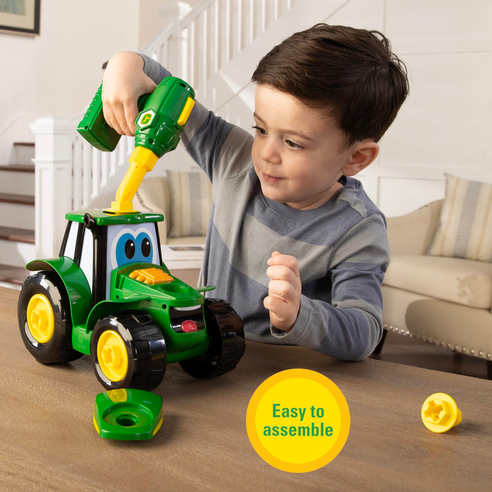 Bright colors on the John Deere tractor toy spark toddler play.