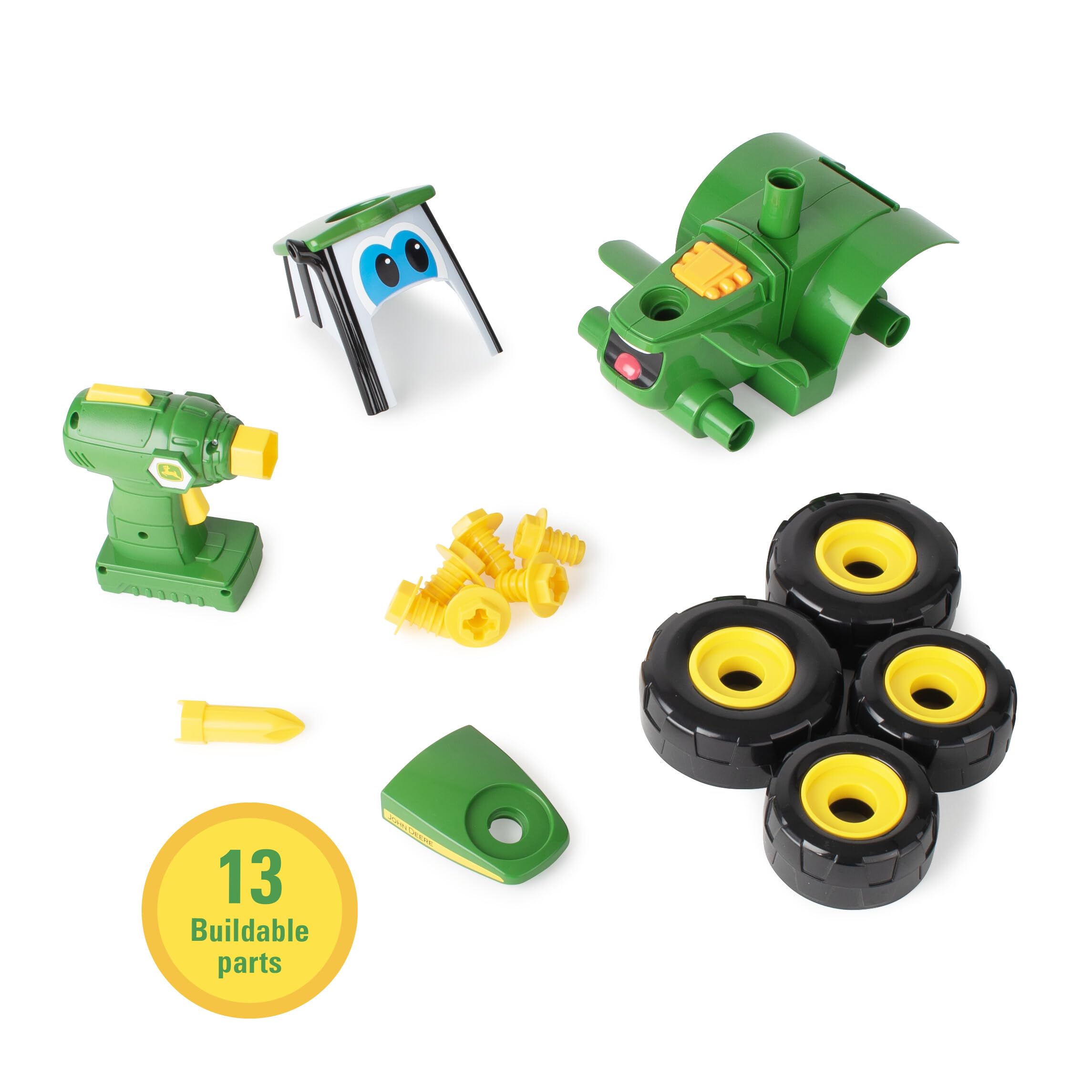 Official John Deere graphics boost authenticity on the tractor toy.
