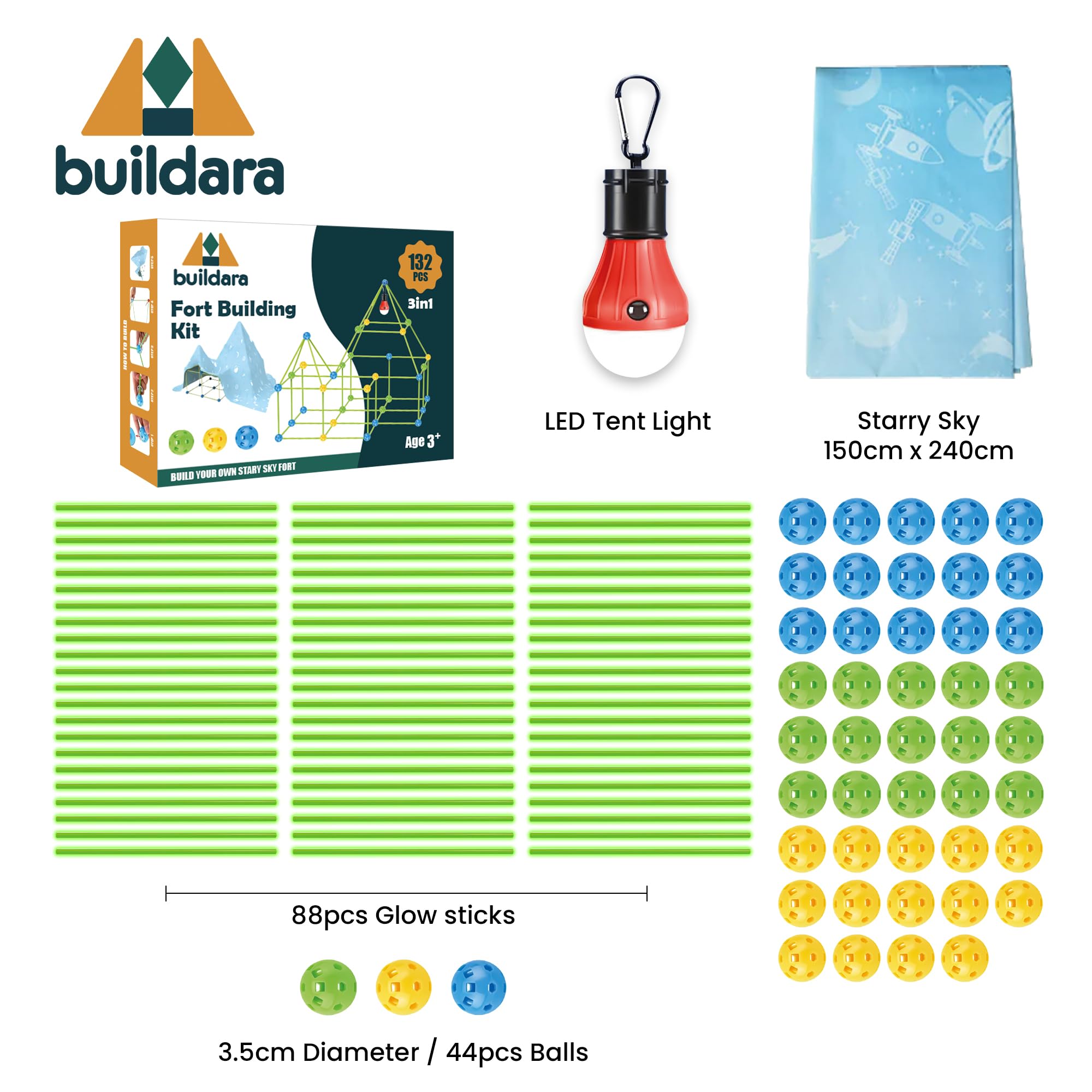 Buildara glow-in-the-dark-connectors glow brightly, enhancing nighttime fort storytelling.