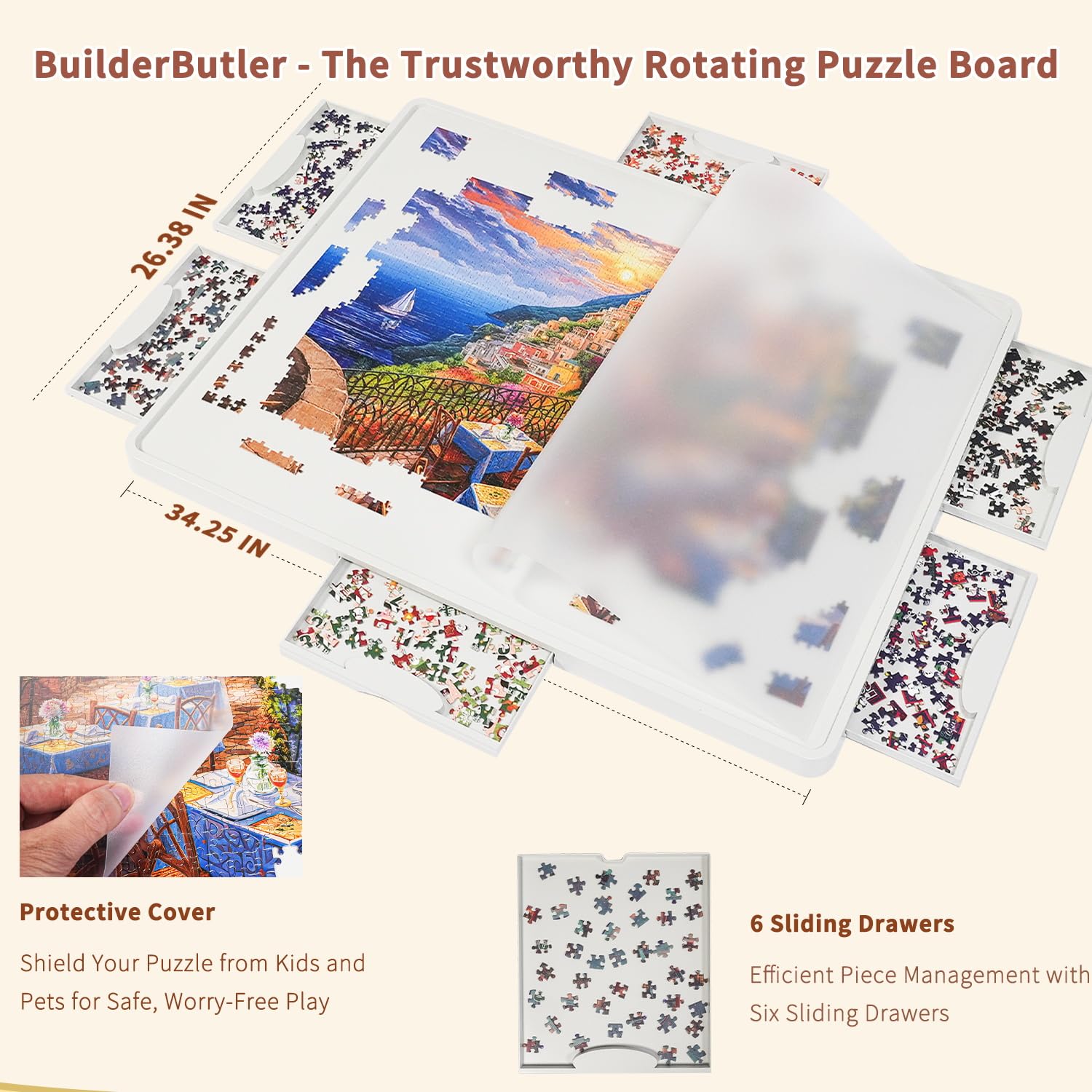 BuilderButler six-drawer design keeps puzzle pieces organized during transport.