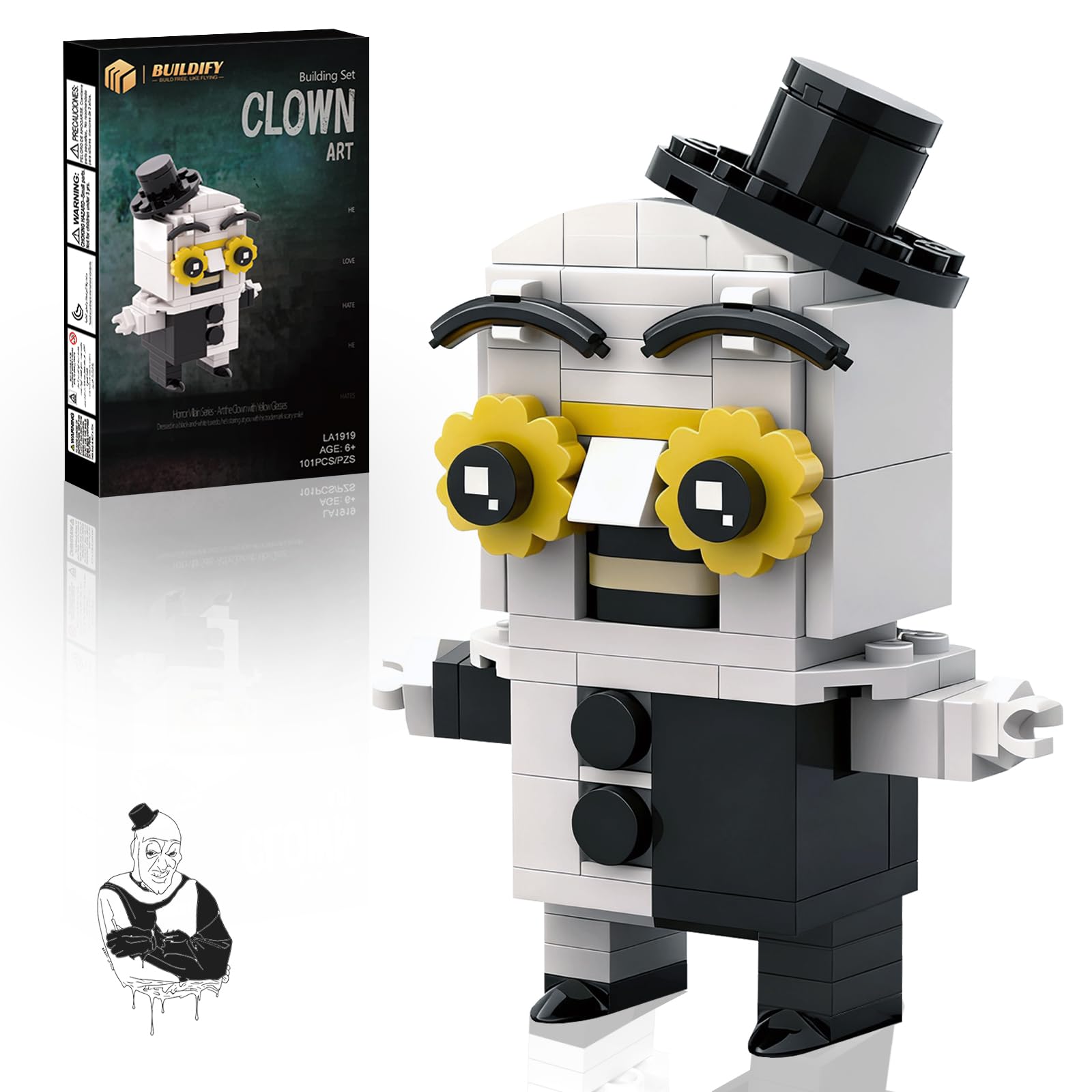 BUILDIFY Art the Clown block set collectible figure shown on a display shelf