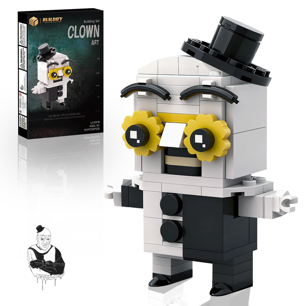 BUILDIFY Art the Clown block set collectible figure shown on a display shelf