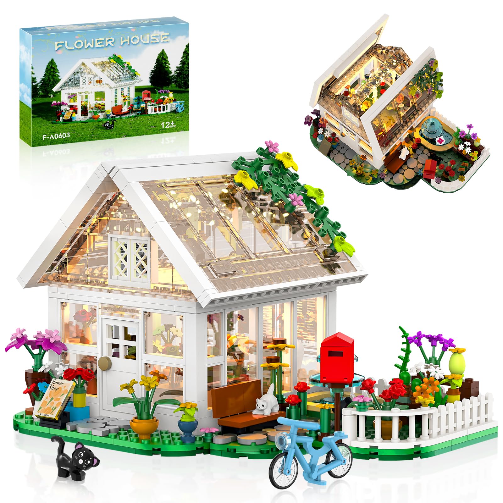 Buildify Flower House with LED light illuminates a cozy desk ambiance.