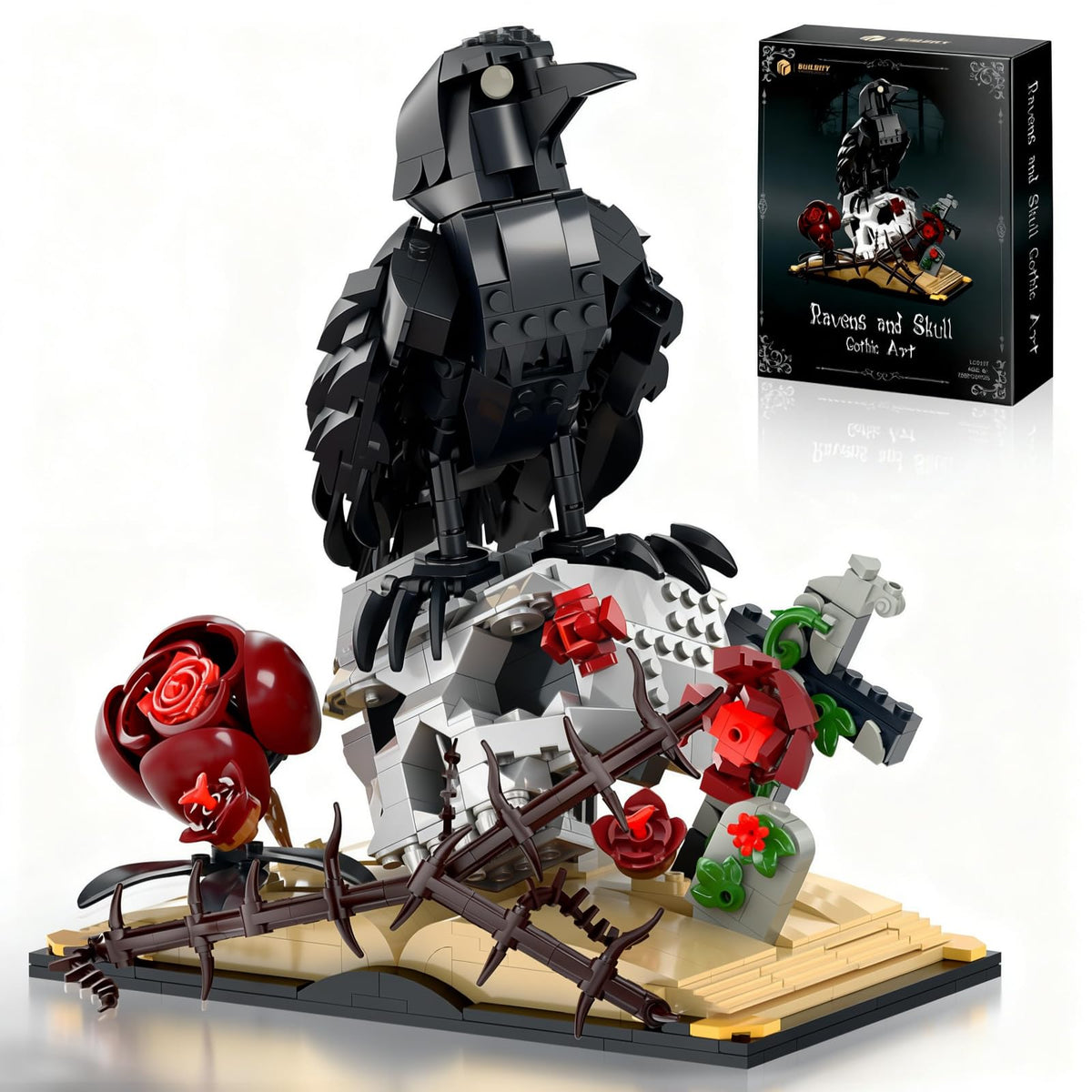 Buildify Gothic Raven Skull Art Building Set centerpiece for dramatic home decor.