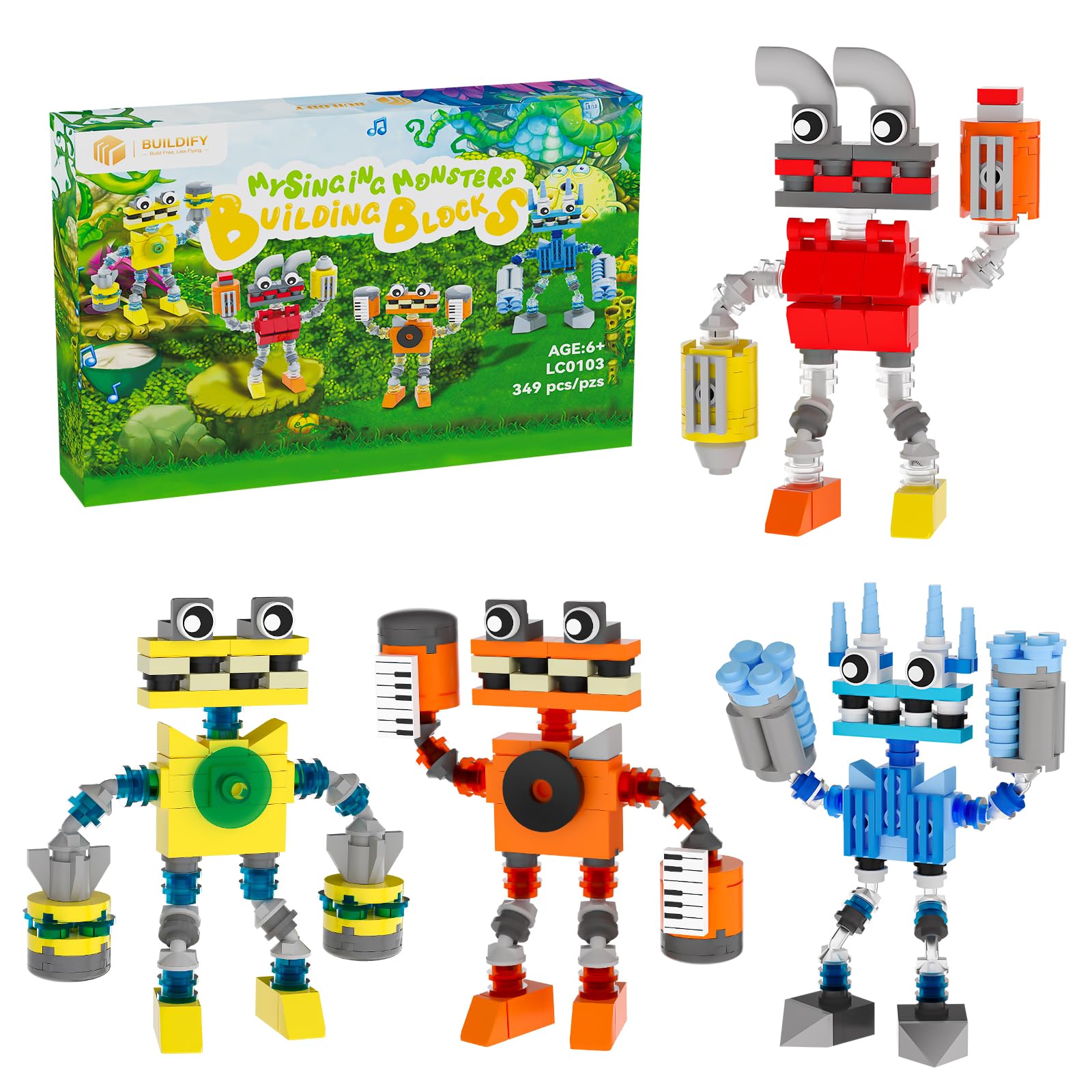BUILDIFY Sing Music Monsters Wubbox figure close-up, vibrant details spark imaginative play