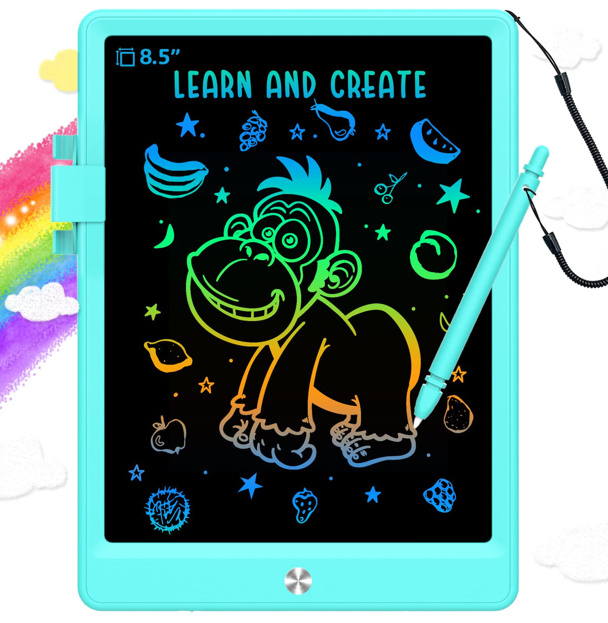 BUKEBU 8.5-inch doodle tablet front view in blue, compact and kid-friendly for travel.