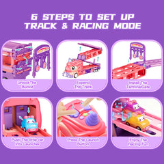 Bulucoben unicorn car supports hand-eye coordination during track setup.