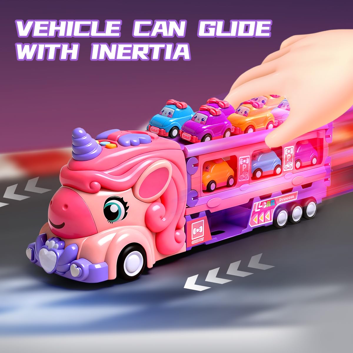 Bulucoben unicorn car garage storage keeps pieces organized after play.