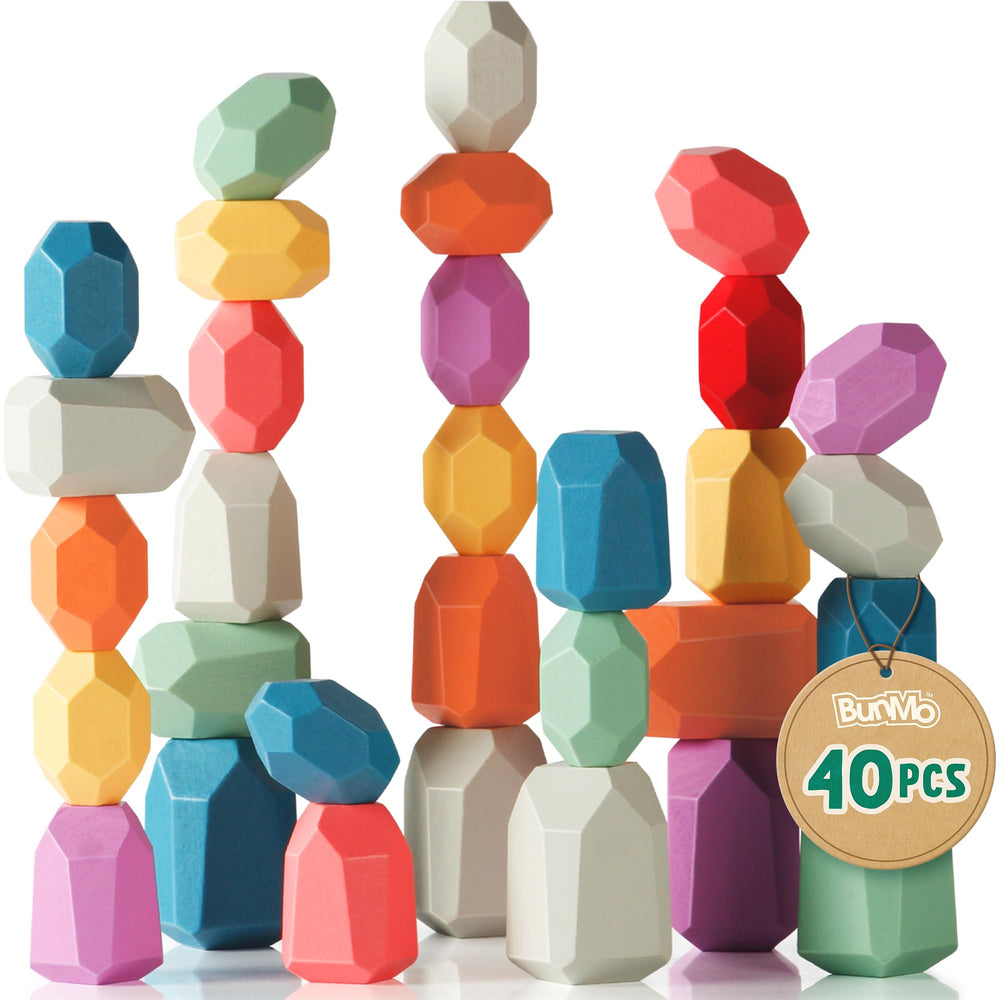 BUNMO 40pc wooden stacking toys—complete block set for creative play and learning