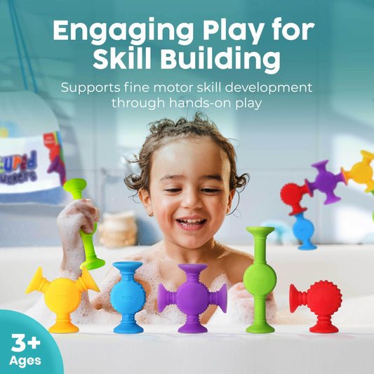 BUNMO bath suction toys help children build colorful creations.