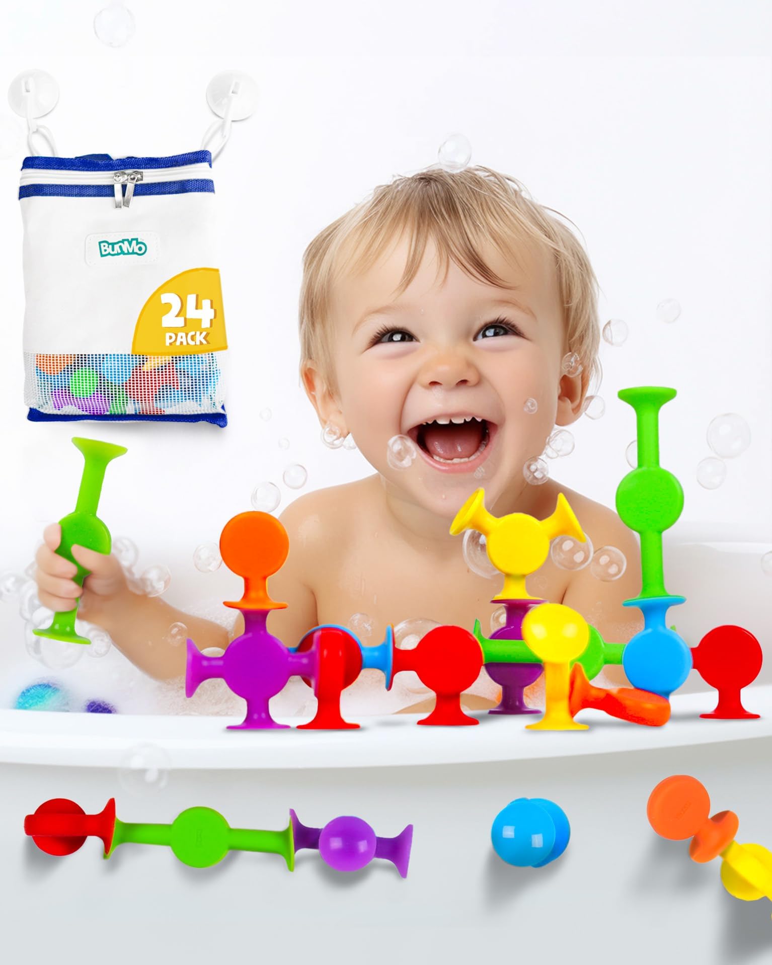 BUNMO bath toys cling to tile walls for colorful mosaics