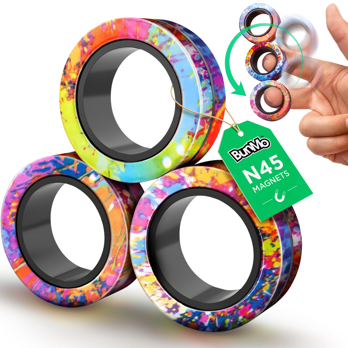 BUNMO magnetic fidget rings rainbow pack for focused play and portable fun