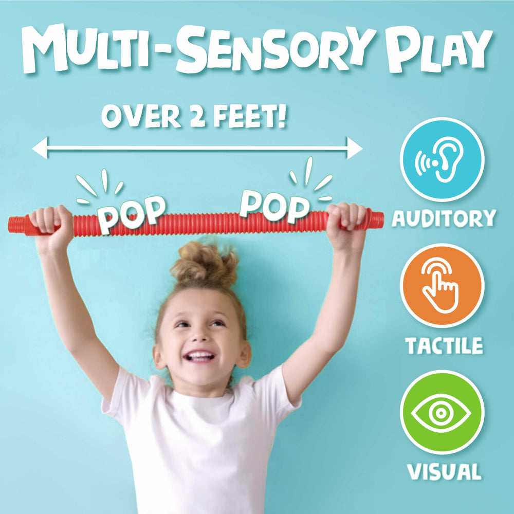 BUNMO Pop Tubes rainbow close-up highlights colorful visual stimulation.