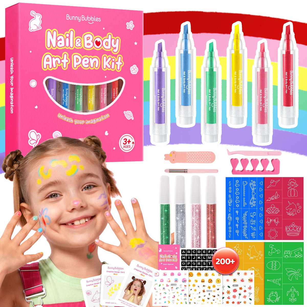 Bunny Bubbles kids makeup set front view with colorful pens for safe, imaginative play.