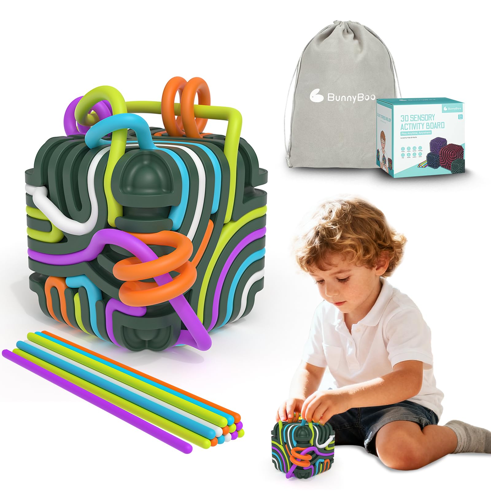 BunnyBoo Sensory Activity Board 3D cube supports calm focus during travel.