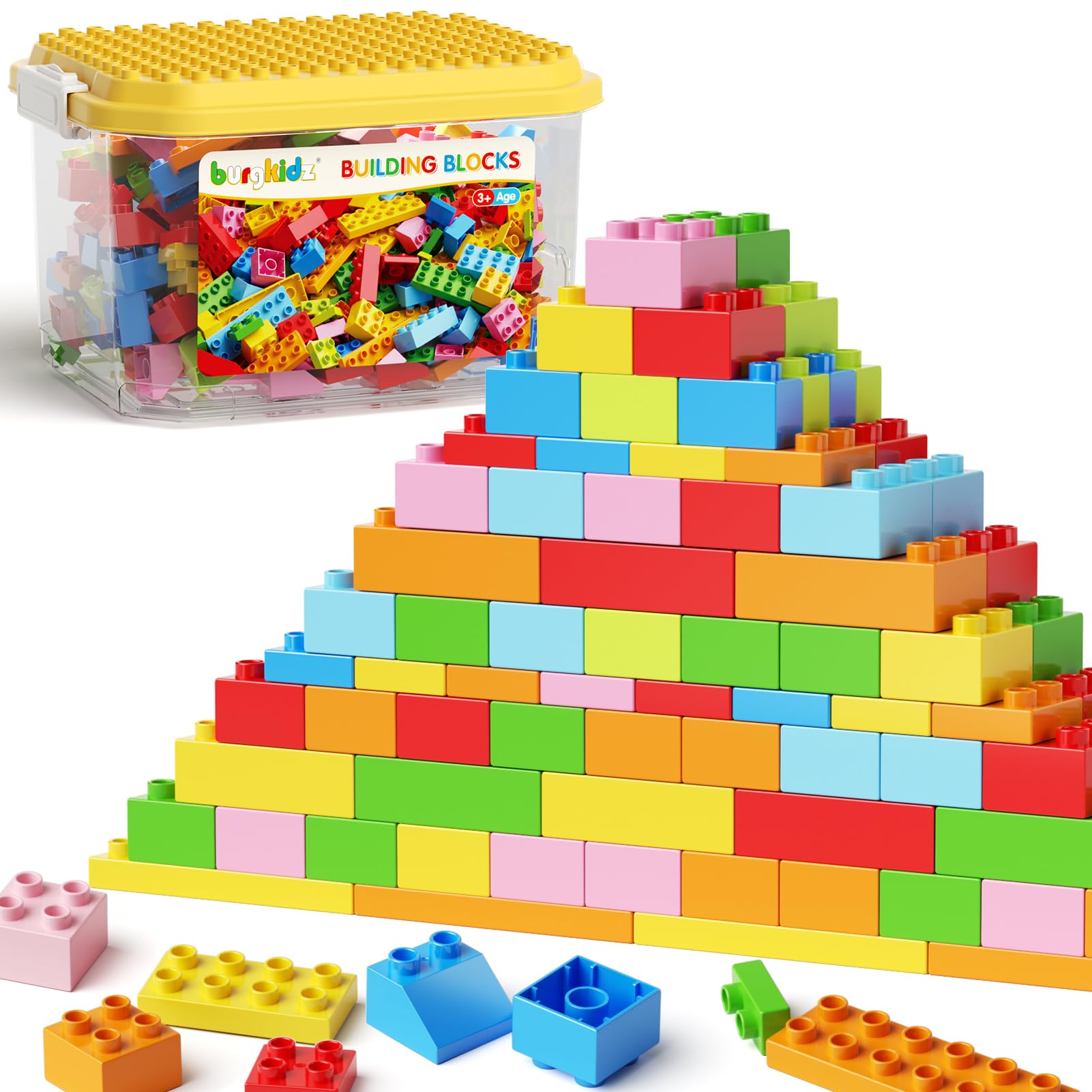 burgkidz 150pcs jumbo blocks stored in a clear storage-bin for easy organization