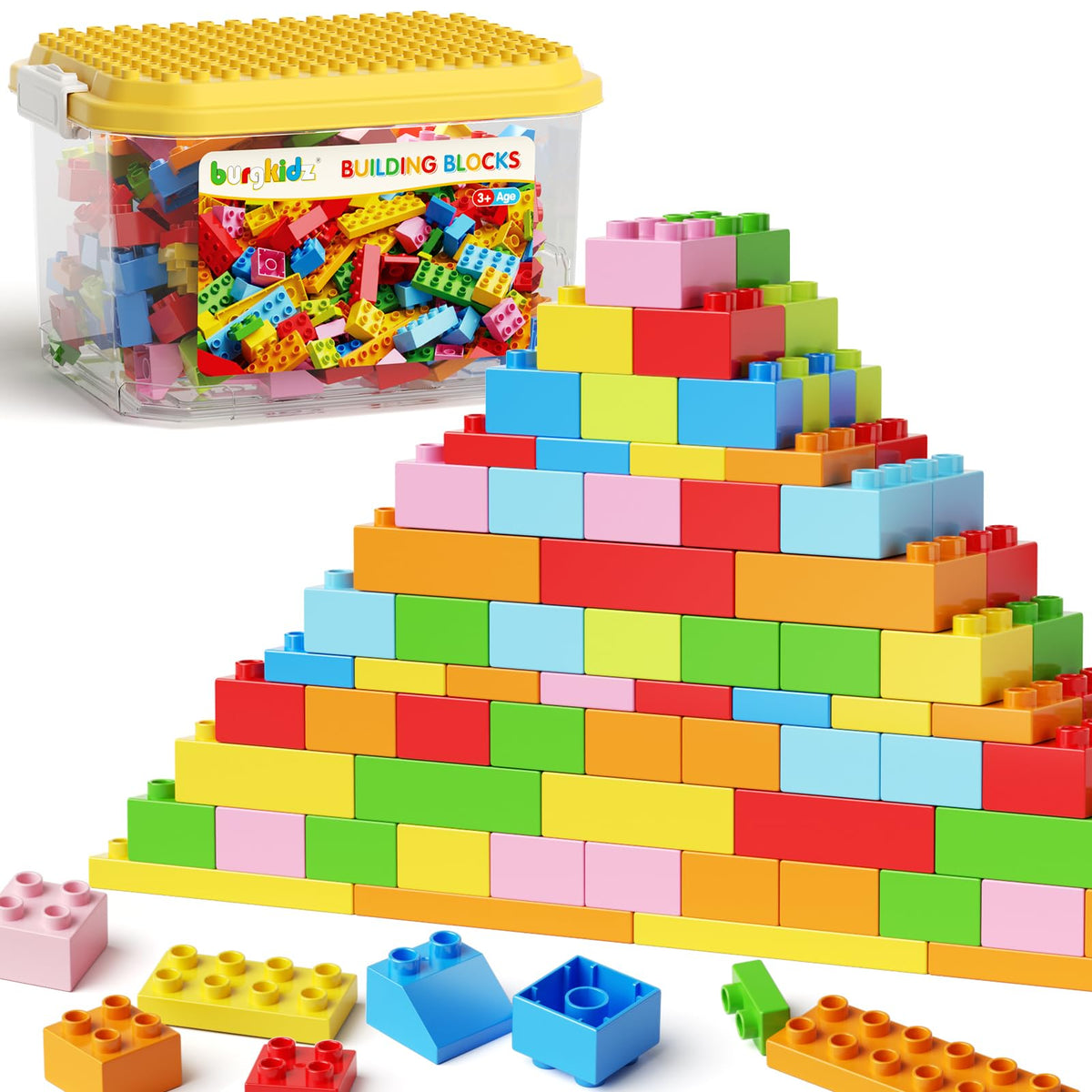 burgkidz 150pcs jumbo blocks stored in a clear storage-bin for easy organization