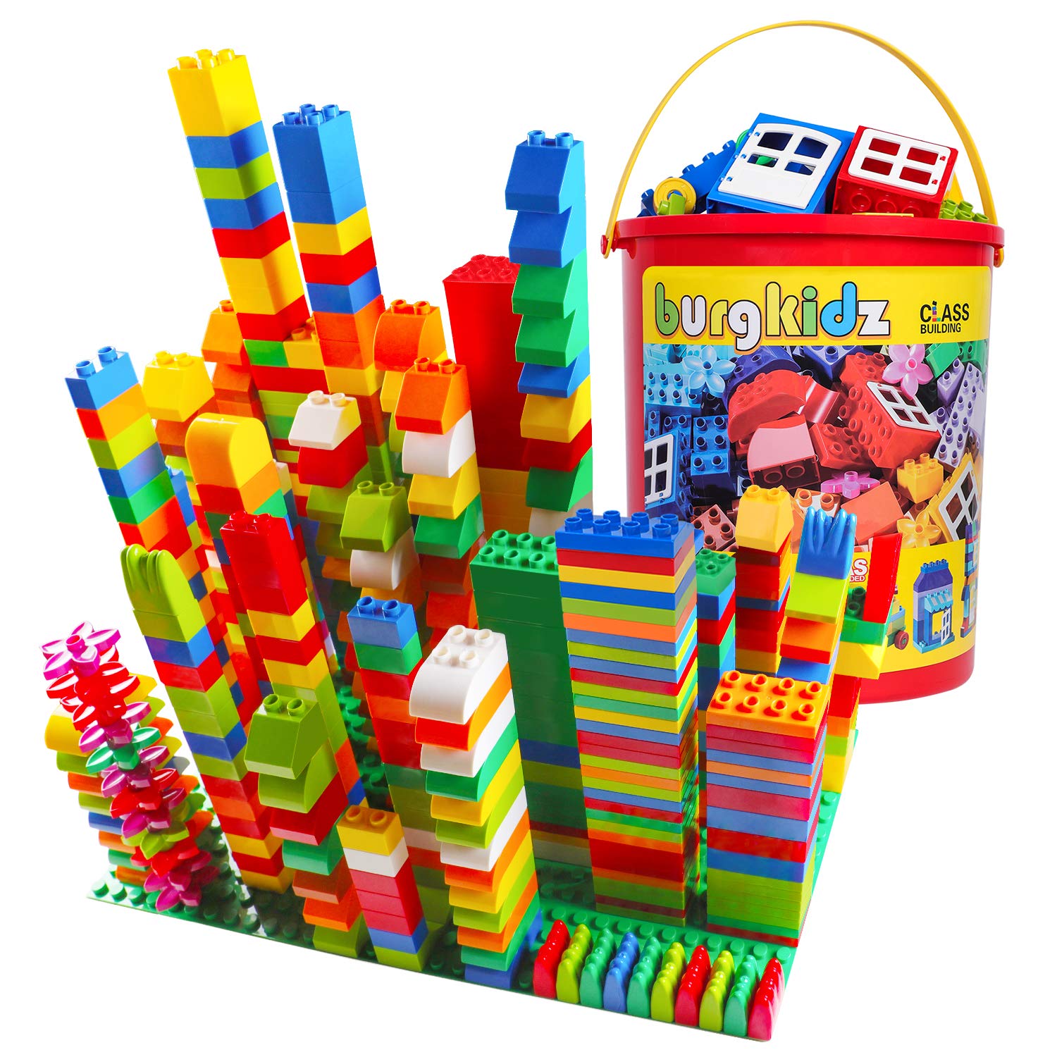 burgkidz 214-piece large blocks in storage bucket for easy cleanup and portability.