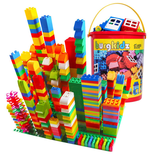 burgkidz 214-piece large blocks in storage bucket for easy cleanup and portability.