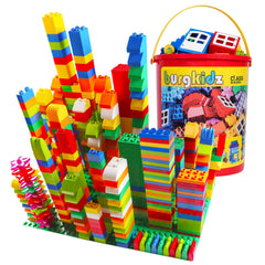 burgkidz 214-piece large blocks in storage bucket for easy cleanup and portability.