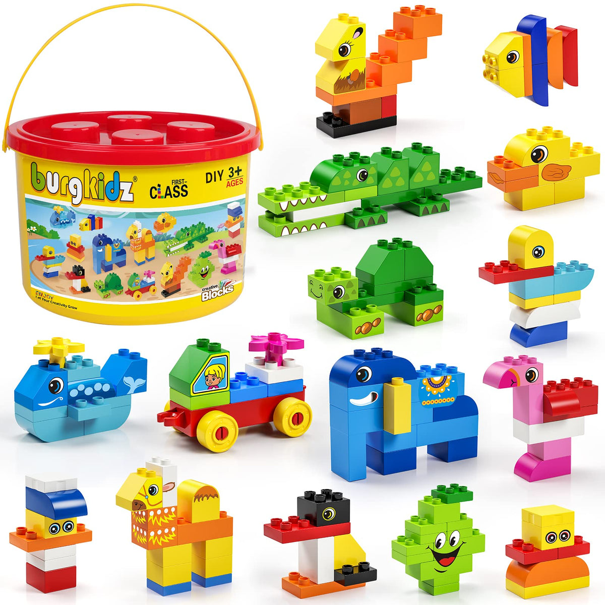 burgkidz big bricks bucket storage for easy cleanup after play.