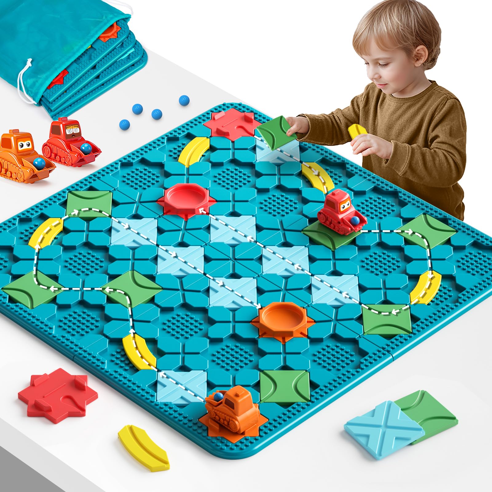burgkidz road builder board top view shows a large track and colorful puzzle pieces for family play