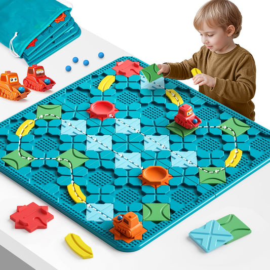burgkidz road builder board top view shows a large track and colorful puzzle pieces for family play