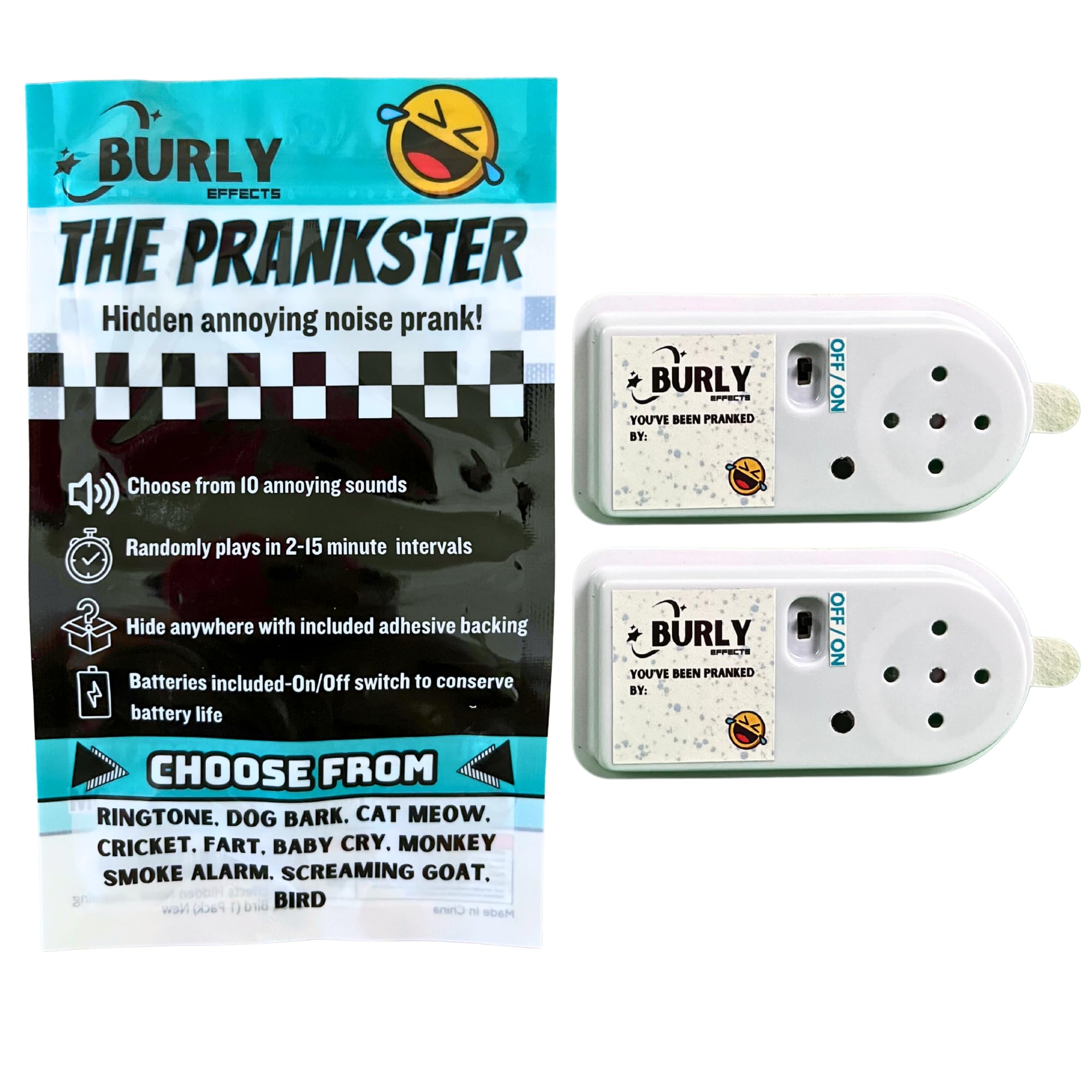 Burly Effects hidden-noise-maker 2-pack front view, compact prank device for discreet fun.